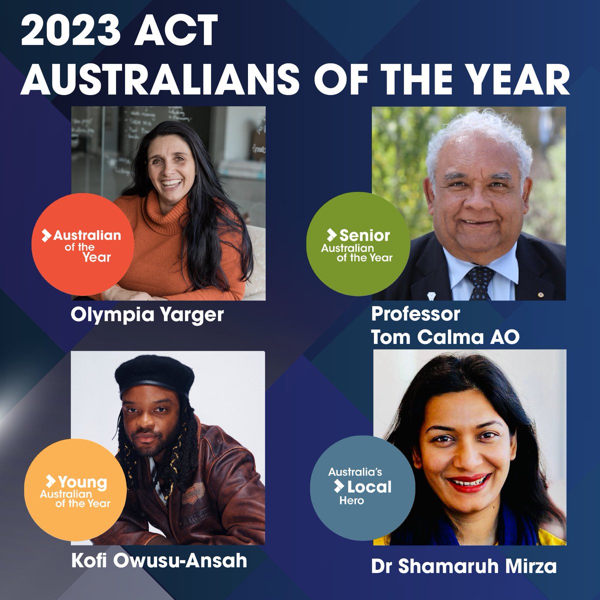 ausoftheyear's tweet photo. Say hello to the 2023 ACT Australians of the Year 👋

@goterraaus @olympiayarger @genesisowusu https://t.co/p8Soczk9ED