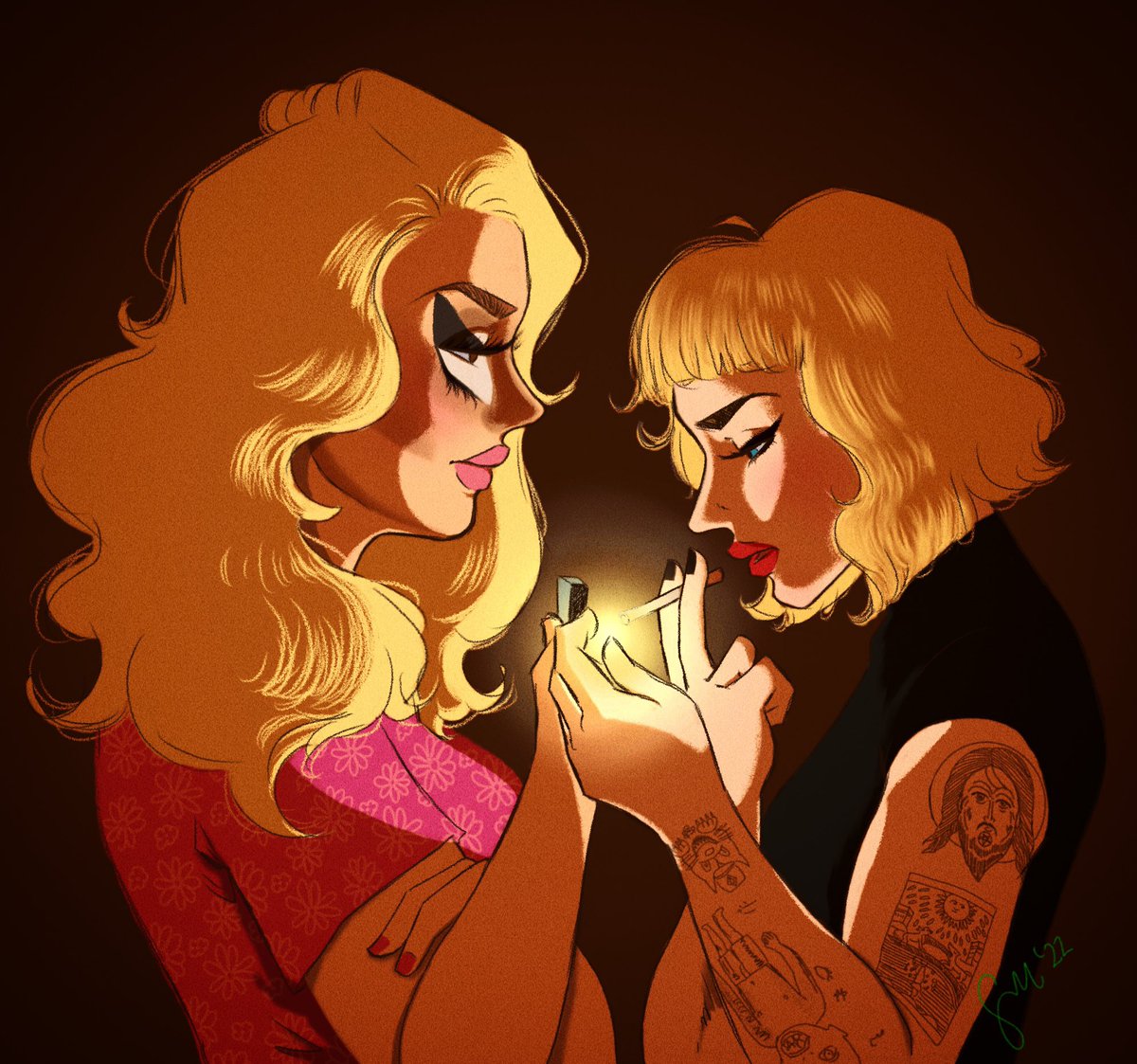 themagnacarlart's tweet photo. somethingsomething the intimacy of lighting another’s cigarette 🚬🕯💖 
#trixya #trixiemattel #katyazamo #rpdr #digitalart #digitalillustration #ArtistOnTwitter https://t.co/qv06PHUMXH