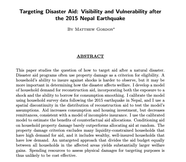 mdgordo's tweet photo. In an effort to get this out before twitter collapses, here is my 🚨JMP🚨 thread #econtwittter:
Question: How should we target disaster reconstruction aid?
Answer: Maybe we shouldn't. 
More below and at my website: https://t.co/Vvv9zCG1jP https://t.co/PW7TpqnVmq