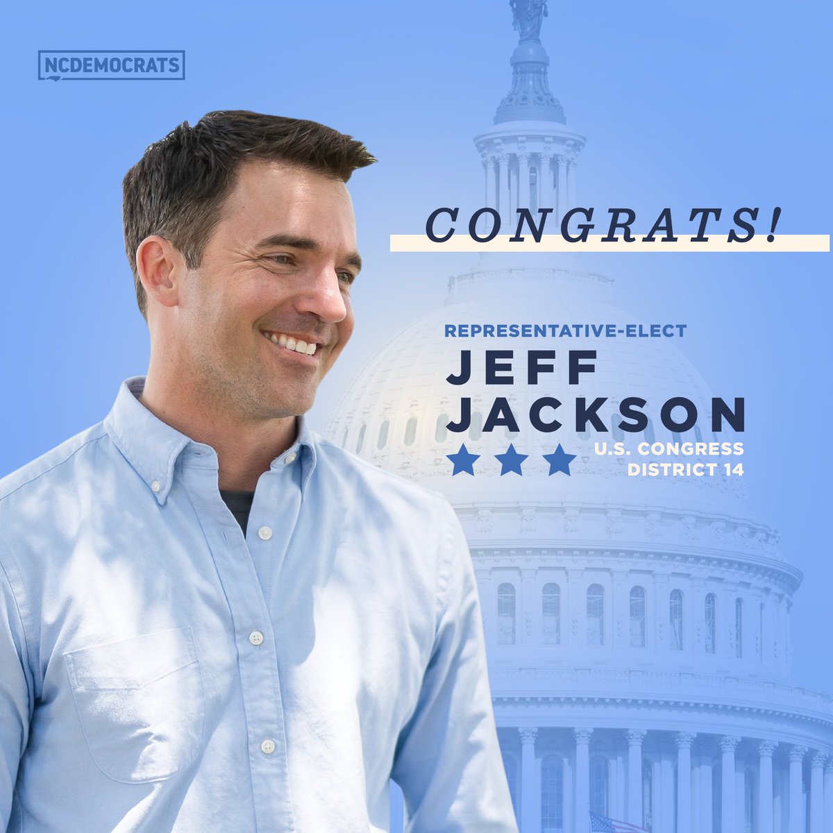 Congratulations, Congressman-elect Jackson! As a veteran, former assistant DA, &amp; current member of the Army National Guard &amp; State Senate, <a href="/JeffJacksonNC/">Jeff Jackson</a> has a career of service to his community, state, &amp; country. Now, he will continue that service in Congress!