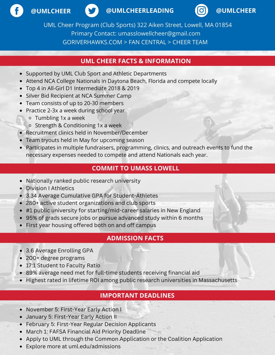 Interested in UML Cheer? Check out our program fact sheet and SAVE THE DATE for our recruitment clinic on Saturday, December 17th (12pm-5pm). Registration details will be posted soon!