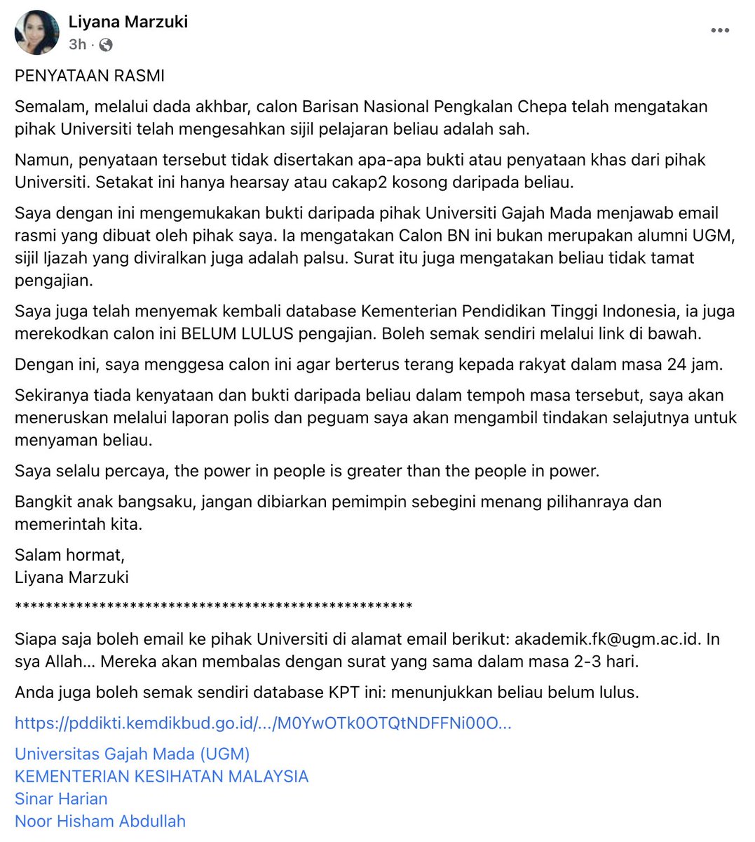 amerhadiazmi's tweet photo. Kesahihan status pengajian calon BN di Pengkalan Chepa terus menjadi persoalan apabila Universitas Gadjah Mada menafikan bahawa calon tersebut tamat pengajian dengan mereka menerusi satu surat rasmi. https://t.co/FMXKdq8ApI