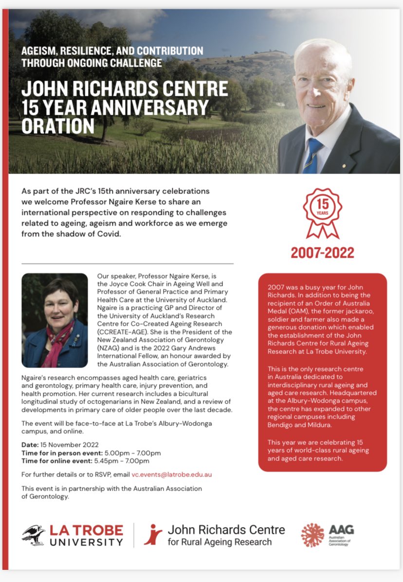 Final days to register for the 2022 JRC oration on ageism, resilience and contribution! Details below and you can register here for either F2F or online attendance: latrobe.edu.au/events/all/joh…