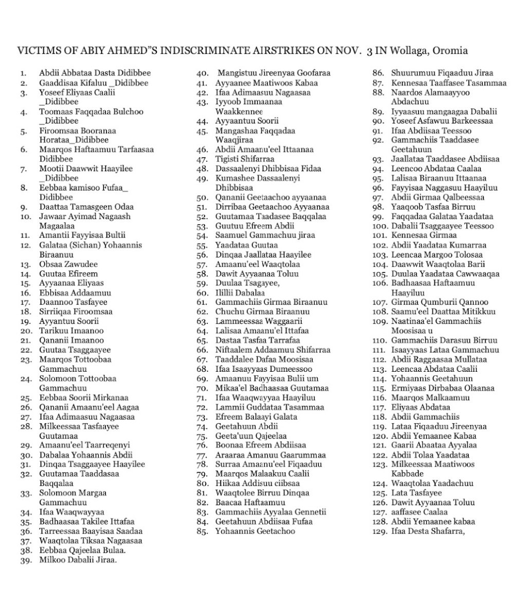 A list of innocent Oromo civilians killed by Abiy Ahmed’s airstrikes on 11/3/22 in Wallaga, Oromia. The list includes children as young as 9 yrs old. Abiy is a WAR CRIMINAL!  <a href="/AP/">The Associated Press</a> <a href="/Reuters/">Reuters</a> <a href="/HRW/">Human Rights Watch</a> <a href="/UNHumanRights/">UN Human Rights</a> <a href="/WorldBank/">WorldBank</a> #OromoVoice #AbiyIsBombingOromia