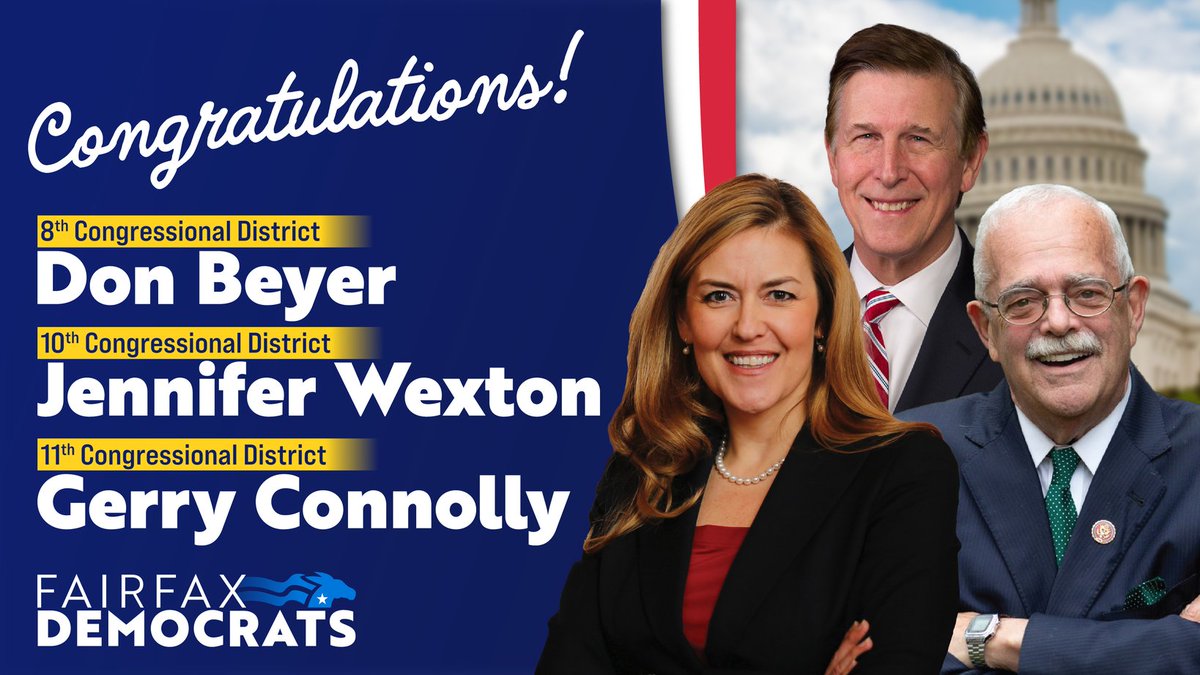 Congratulations to our three Members of Congress on their re-elections tonight: @DonBeyerVA, @JenniferWexton & @ElectConnolly! These victories were hard-fought and well-deserved. Thank you to everyone who made this possible! #ElectionDay