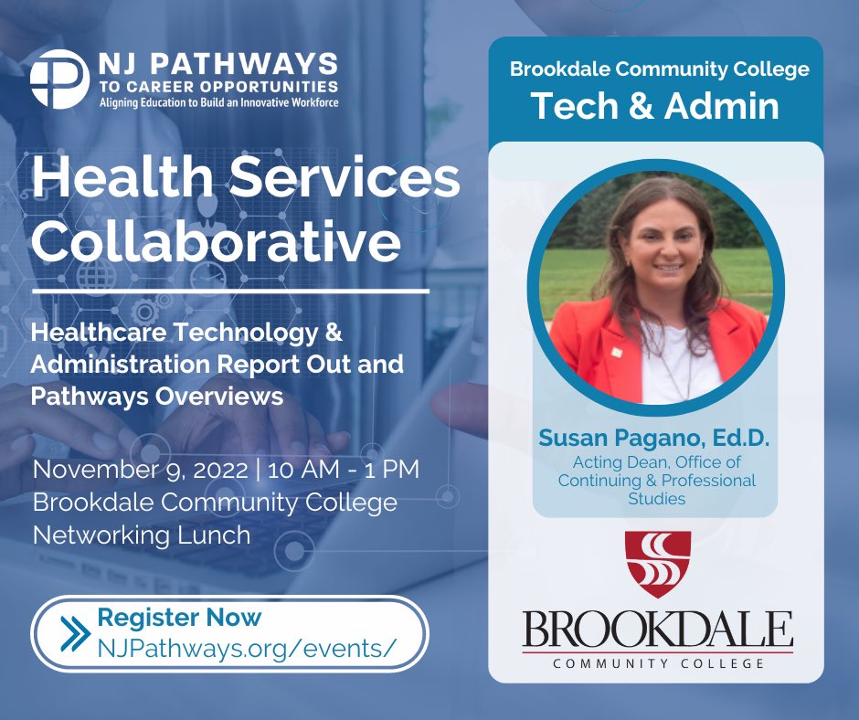 Susan__Pagano's tweet photo. Join us tomorrow at @BrookdaleCCNews for the @NJCommColleges Healthcare Technology &amp; Administration Collaborative. Register online at https://t.co/nx1n7gJ18P. Hope to see you there! https://t.co/iGED0vwNjM