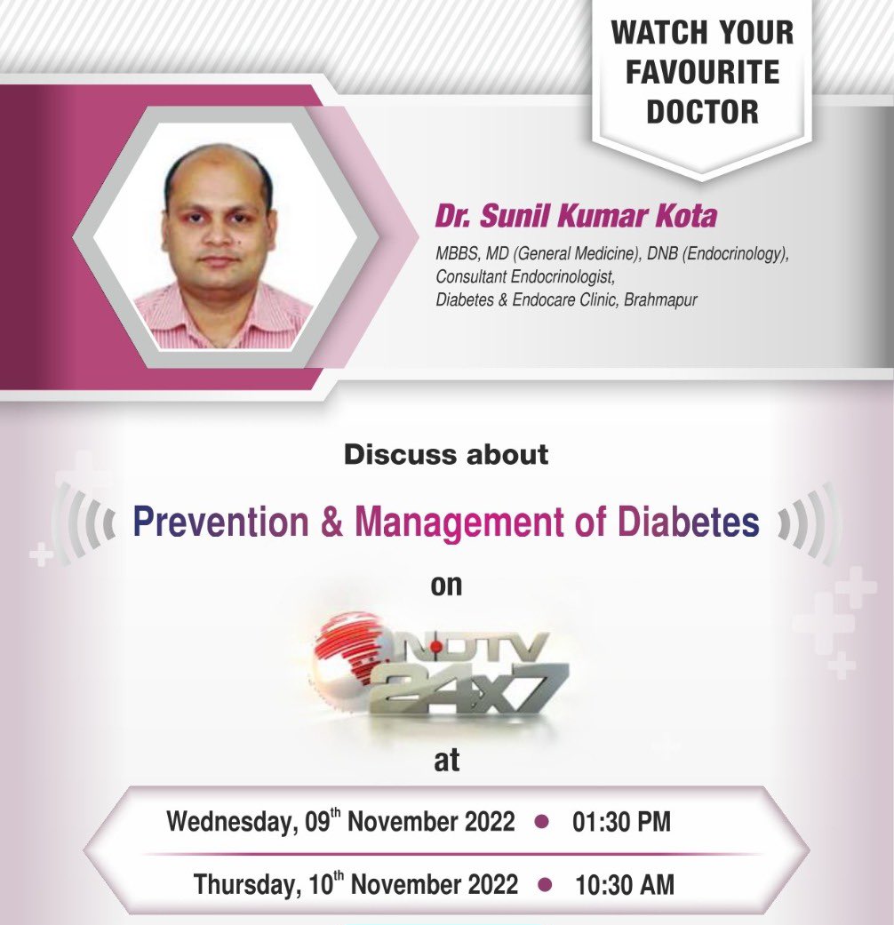 Prevention and Management of #Diabetes at <a href="/ndtv/">NDTV</a>

Today 1.30 PM (Live)
Tomorrow 10.30 AM (Repeat)

<a href="/IndiaESI/">Endocrine Society of India</a>,<a href="/Rssdi_official/">RSSDI (official)</a>
<a href="/HFWOdisha/">H & FW Dept Odisha</a>,<a href="/CMO_Odisha/">CMO Odisha</a> 
<a href="/MoSarkar5T/">MoSarkar 5T</a>,<a href="/igpsr/">Igpsr Berhampur</a> 
<a href="/Ganjam_Admin/">Collector & District Magistrate, Ganjam</a>,<a href="/sp_ganjam/">SP Ganjam</a> 
<a href="/SP_BERHAMPUR/">SP BERHAMPUR</a>,<a href="/ZP_Ganjam/">Zilla Parishad, Ganjam</a>
<a href="/BrahmapurCorp/">BERHAMPUR MUNICIPAL CORPORATION</a>,<a href="/MedicalMkcg/">Ganjam_MKCG Medical Hospital Berhampur</a>
<a href="/GanjamHealth/">Ganjam Health Administration</a>,<a href="/sdmbam/">Sub-Collector & SDM, Berhampur</a>
<a href="/sdmbnj/">Sub-Collector & SDM Bhanjanagar</a>