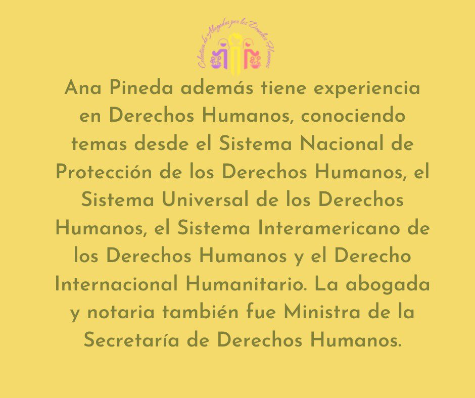 colectabogadas's tweet photo. Seguimos #postulantesquedebemosconocer 

Recordando que Honduras necesita de personas con trayectoria en Derechos Humanos, este día presentamos a la abogada y notaria Ana Pineda, una de las 53 mujeres postulantes. https://t.co/lS5bDof1c3