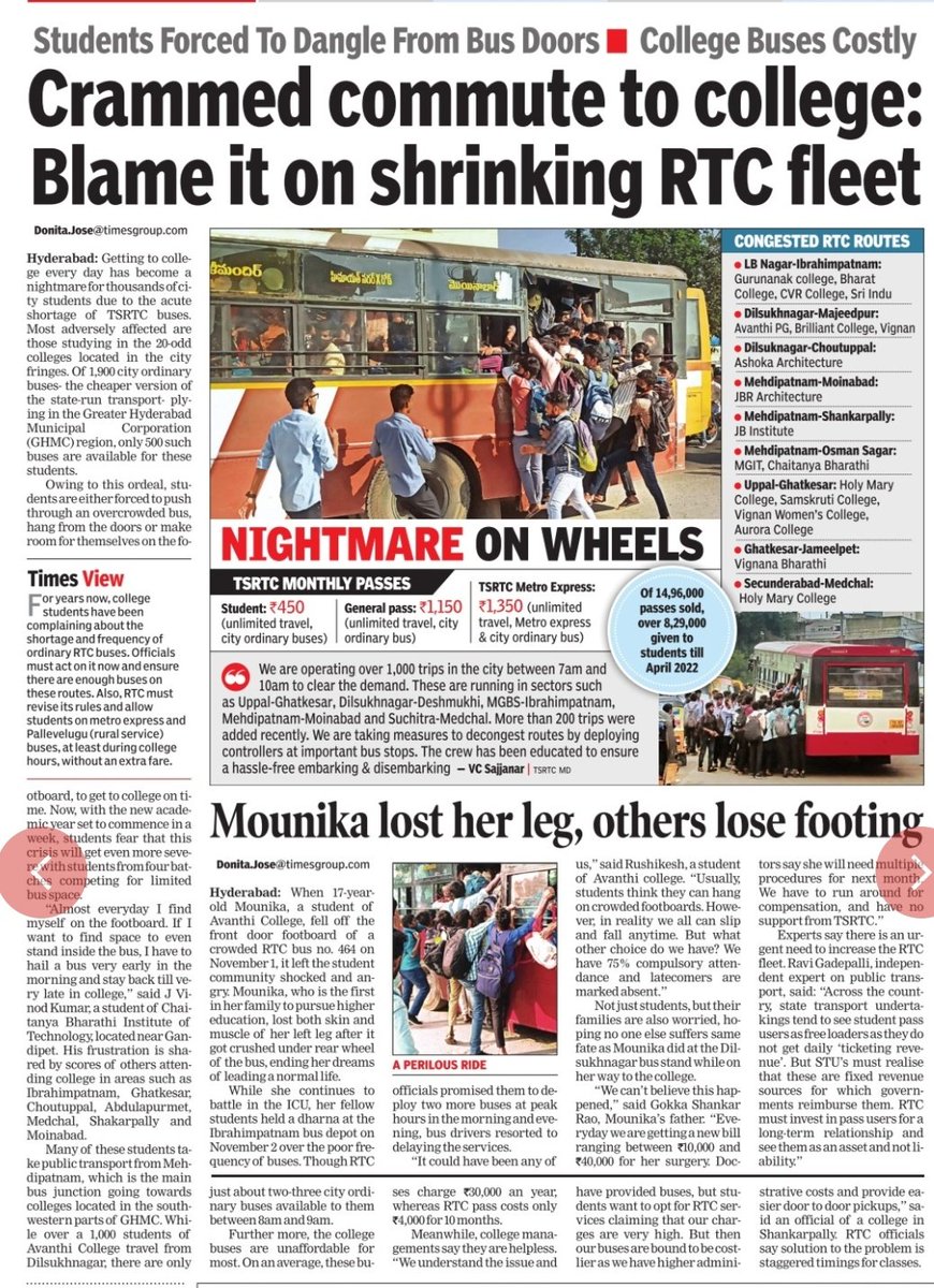 Here we try to give a comprehensive story on overcrowding on buses on periphery routes of the city. In a tragic fall out of this, a 17-year-old first generation learner- Mounica - slipped off while foot-boarding and had her left leg crushed under the same bus. She's in ICU now..
