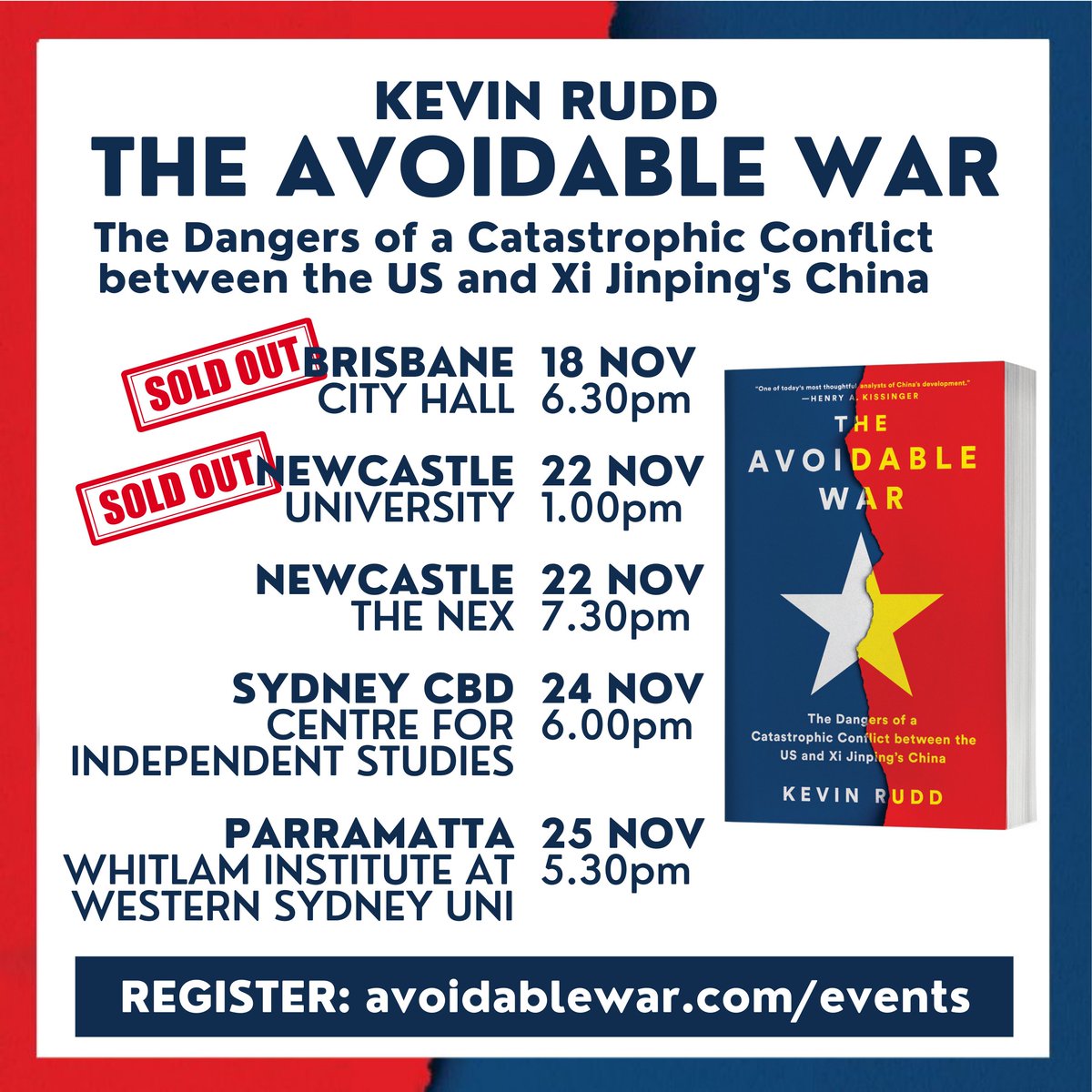 MrKRudd's tweet photo. Gidday. I'll be doing some speaking later this month on US-China including the Brisbane, Newcastle and Western Sydney launches of my book on US-China competition #TheAvoidableWar. I'm told tickets are moving fast, so get in while you can: https://t.co/4HCUMqy7H0 https://t.co/zAQjsb3E6b