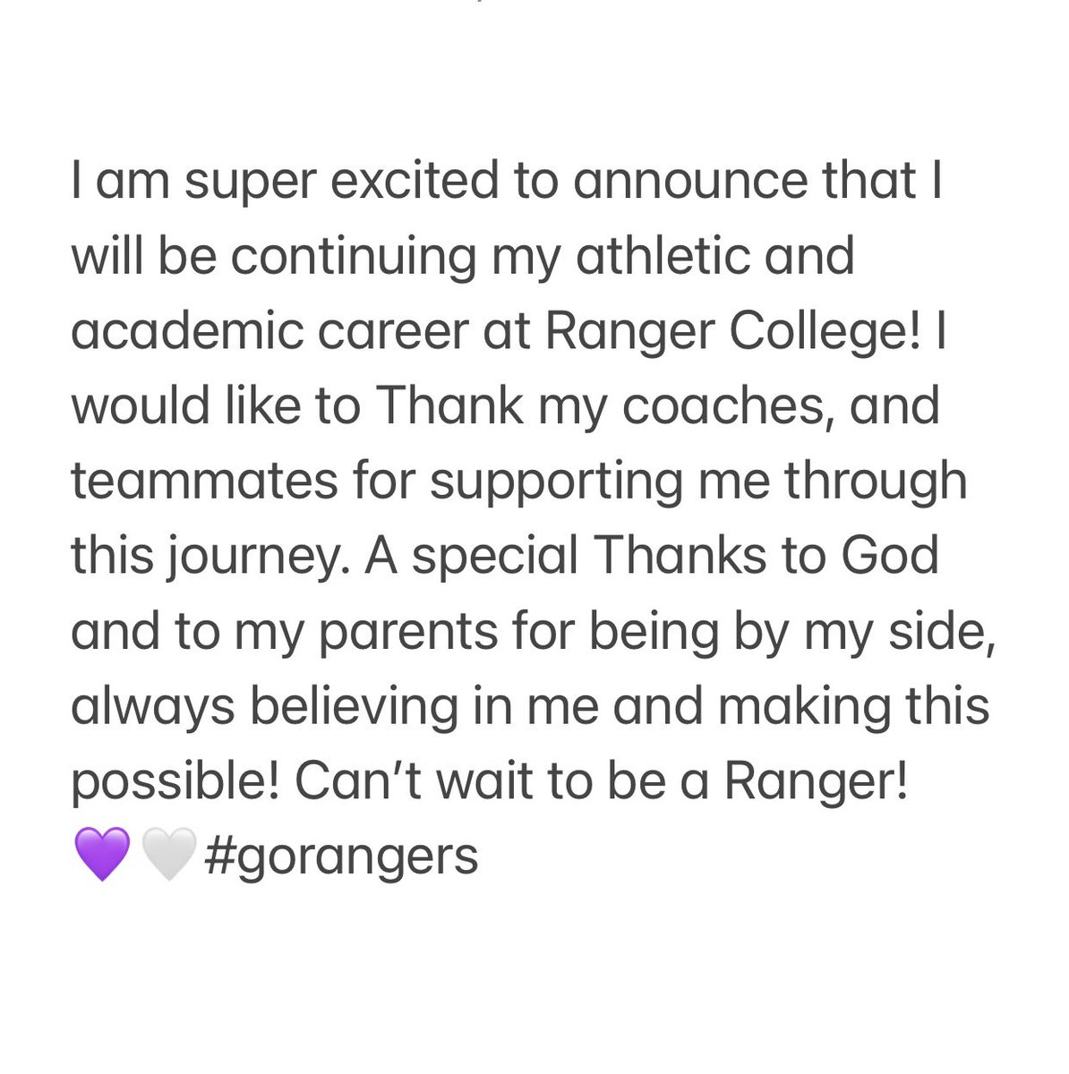 alyssameza32's tweet photo. Super excited and blessed! Can’t wait!!💜🤍 #gorangers https://t.co/D8dRg7mHcK