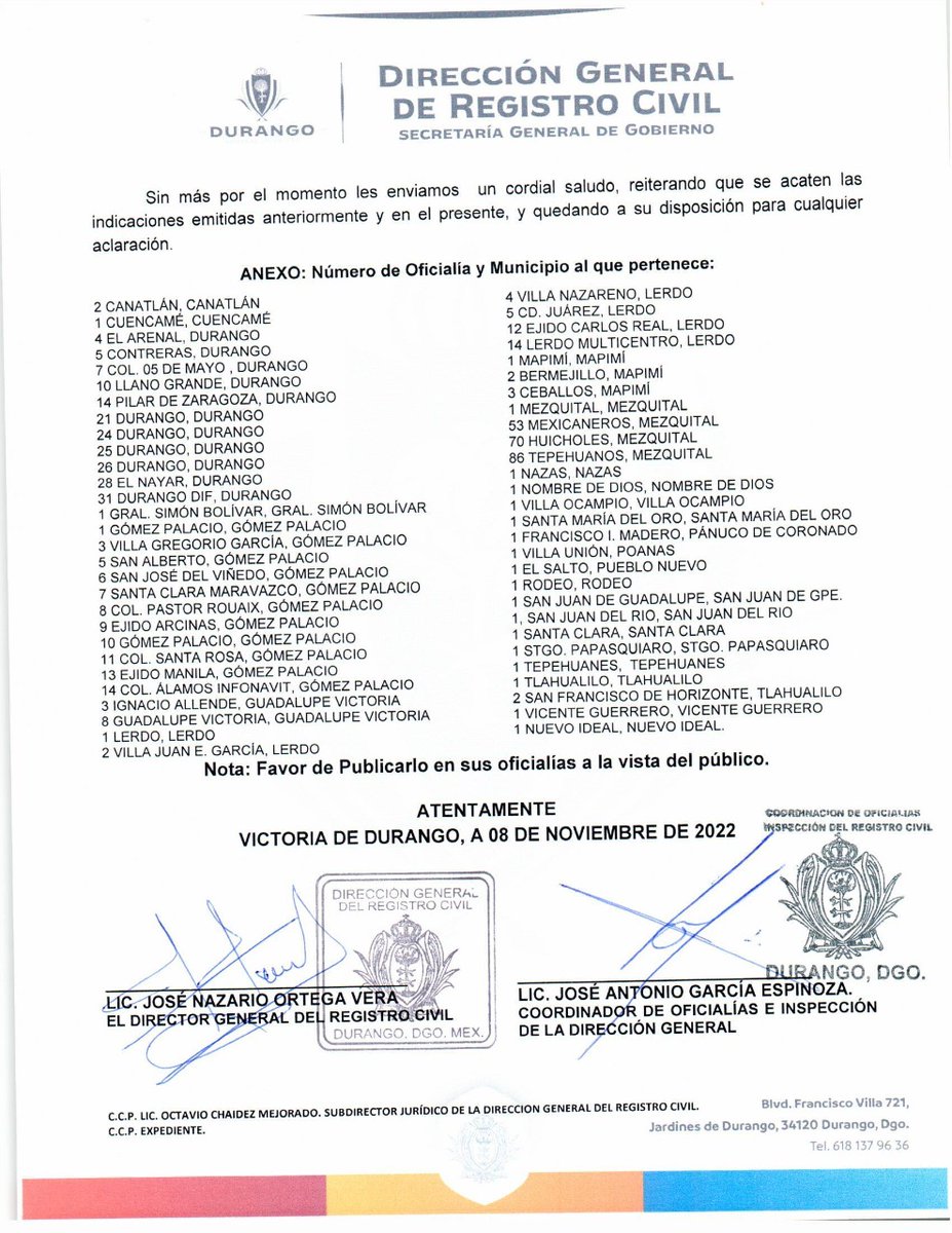 garciaezek's tweet photo. Este día el @DGRCDurango emitio esta circular donde se le da instrucciones a todas la oficialias del estado para que que las personas del mismo sexo puedan contraer matrimonio sin ser necesario ningún recurso legal.
Si tienen dudas contáctanos https://t.co/TFTIyLRuGN