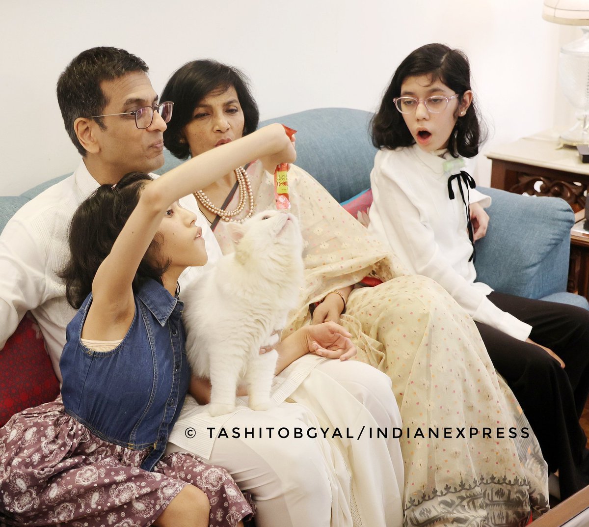 tashitobgyal's tweet photo. Justice D Y Chandrachud, his wife &amp; foster daughters Priyanka &amp; Mahi at their residence on Tuesday. He takes oath as the 50th CJI of India today. ©Tashi Tobgyal/ @IndianExpress 
Full Interview: https://t.co/MRJSU3G99E
Brilliant @axidentaljourno https://t.co/UXfJe8E6Om