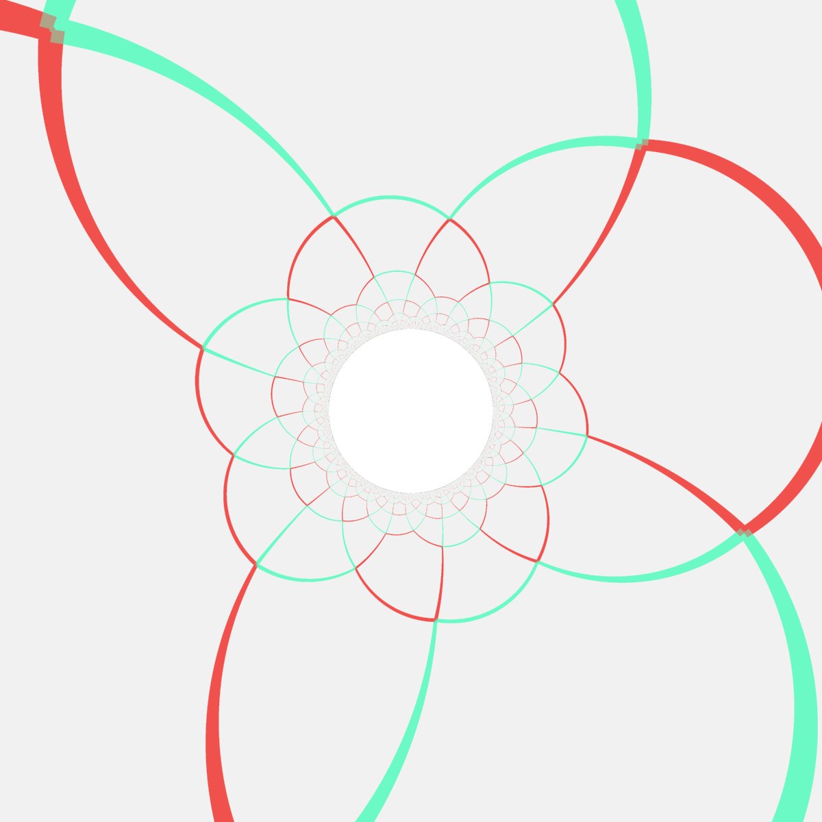 TilingBot's tweet image. #Hyperbolic #tiling shown in the inverted Poincaré disk projection. Cantellated {4,5}.