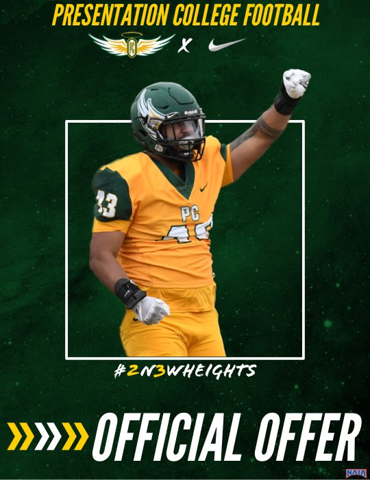 KallRenner's tweet photo. After an awesome talk on the phone with @CoachZim_PC, I am excited to  say I have received an offer from @PCSaintFootball! Go Saints🟩🟨
@EagleMustangs  @NickFarman55 @RAREAcademyID @JohnHartzEHSFB https://t.co/3kg8g9fgjT