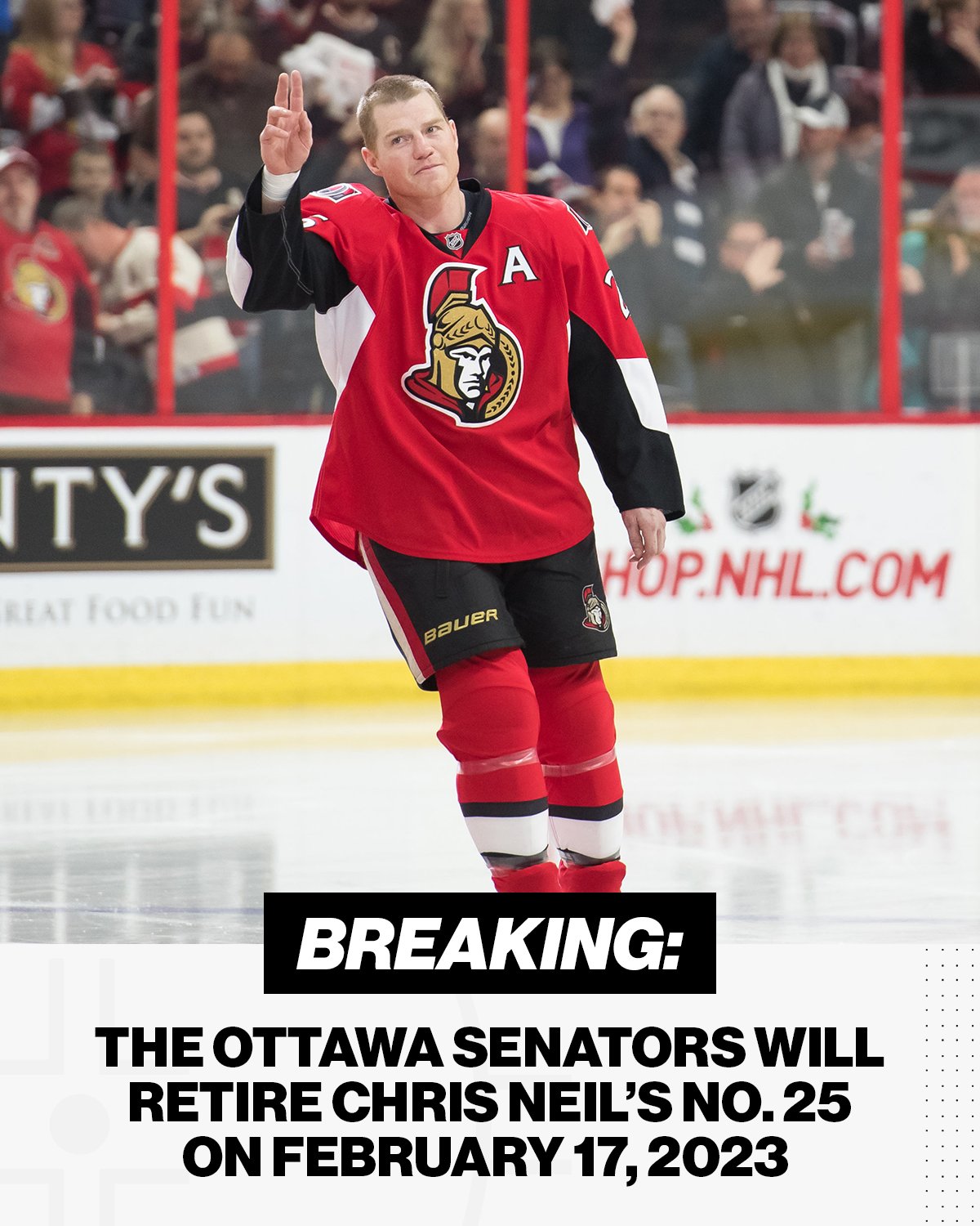 NHL on X That s right. Chris Neil s No. 25 is headed to the rafters https t hlikKzK9wP X