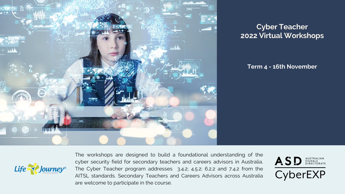 LifeJourney Australia (@dayofstem) on Twitter photo Our final #CyberTeacher online workshop of 2022 is next Wednesday (16 November) from 4-6pm AEDT. Join to hear from teachers, <a href="/ASDGovAu/">Australian Signals Directorate</a> cyber professionals and our team about resources for introducing #cybersecurity skills and careers to students.
bit.ly/3tfvhTC Our final #CyberTeacher online workshop of 2022 is next Wednesday (16 November) from 4-6pm AEDT. Join to hear from teachers, <a href="/ASDGovAu/">Australian Signals Directorate</a> cyber professionals and our team about resources for introducing #cybersecurity skills and careers to students.
bit.ly/3tfvhTC