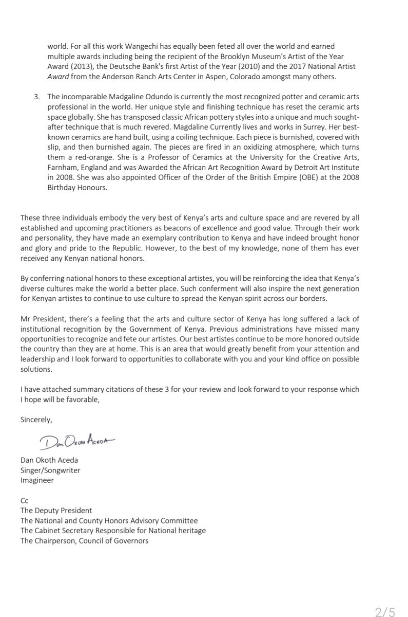Dan Aceda (@danaceda) on Twitter photo A few weeks ago I wrote to HE <a href="/WilliamsRuto/">William Samoei Ruto, PhD</a> nominating 3 outstanding KE artists who are yet to receive national honors despite their work being transcendent and having impact across the globe. A few weeks ago I wrote to HE <a href="/WilliamsRuto/">William Samoei Ruto, PhD</a> nominating 3 outstanding KE artists who are yet to receive national honors despite their work being transcendent and having impact across the globe.