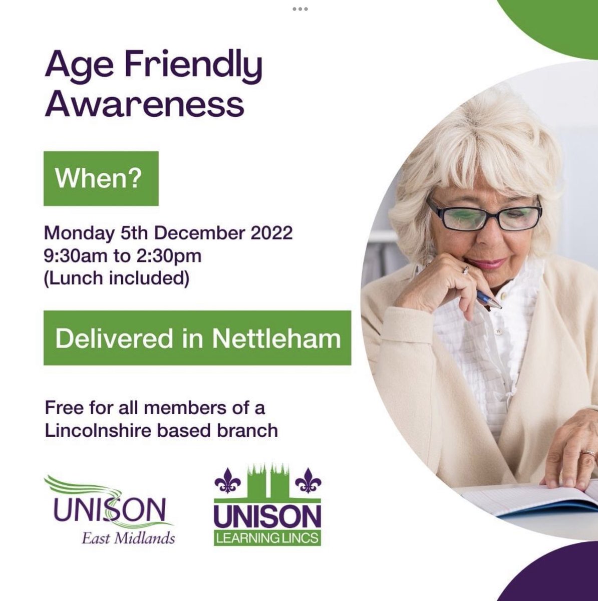 LincsPolUNISON's tweet photo. Good morning @UNISONEastMids members 💚
Free course for members ⬇️⬇️⬇️
👵 Age Friendly Awareness - Mon 5th Dec - 9:30 - 2:30pm
👉 Apply via - https://t.co/vdehiYJ6Mh
#ulearning #joinaunion #unisoneastmids #linkinbio #unison #adultlearning #freelearning https://t.co/4gNpR6GOKD