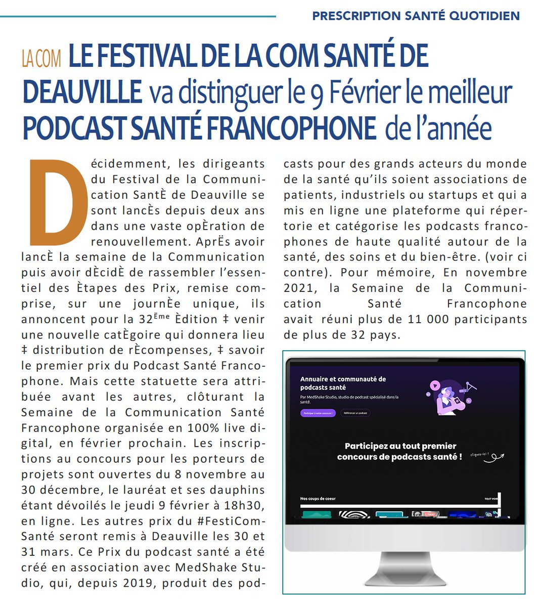 Dominique NOEL (@noeldominique) on Twitter photo 👀A lire !
✔️Un nouvel article Prescription Santé <a href="/PSLeQuotidien/">Prescription Santé</a>
"Le <a href="/FestiComSante/">Festival de la Communication Santé</a> va distinguer le 9 février le meilleur #PodcastSanté Francophone de l'année !"
<a href="/medshakestudio/">MedShake Studio</a>
<a href="/ancampetre/">Anca Petre</a> <a href="/DeRodellec/">Margot de Rodellec</a>
<a href="/rteston/">Rémy TESTON</a>
podcast-sante.com
#PodcastSantéfr #Festicomsante #podcast 👀A lire !
✔️Un nouvel article Prescription Santé <a href="/PSLeQuotidien/">Prescription Santé</a>
"Le <a href="/FestiComSante/">Festival de la Communication Santé</a> va distinguer le 9 février le meilleur #PodcastSanté Francophone de l'année !"
<a href="/medshakestudio/">MedShake Studio</a>
<a href="/ancampetre/">Anca Petre</a> <a href="/DeRodellec/">Margot de Rodellec</a>
<a href="/rteston/">Rémy TESTON</a>
podcast-sante.com
#PodcastSantéfr #Festicomsante #podcast