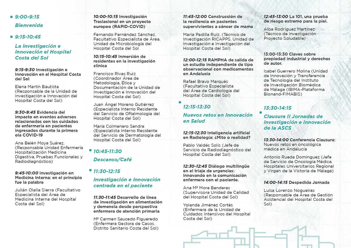 🔬2º Jornada de Investigación e Innovación organizada por  <a href="/ASCostadelSol/">Área Hospitalaria Costa del Sol</a> 

📅 15 de noviembre de 2022
🏥Salón de Actos del Hospital Costa del Sol de #Marbella 

✏Inscripción: bit.ly/3CMb9gi

¡Te esperamos!