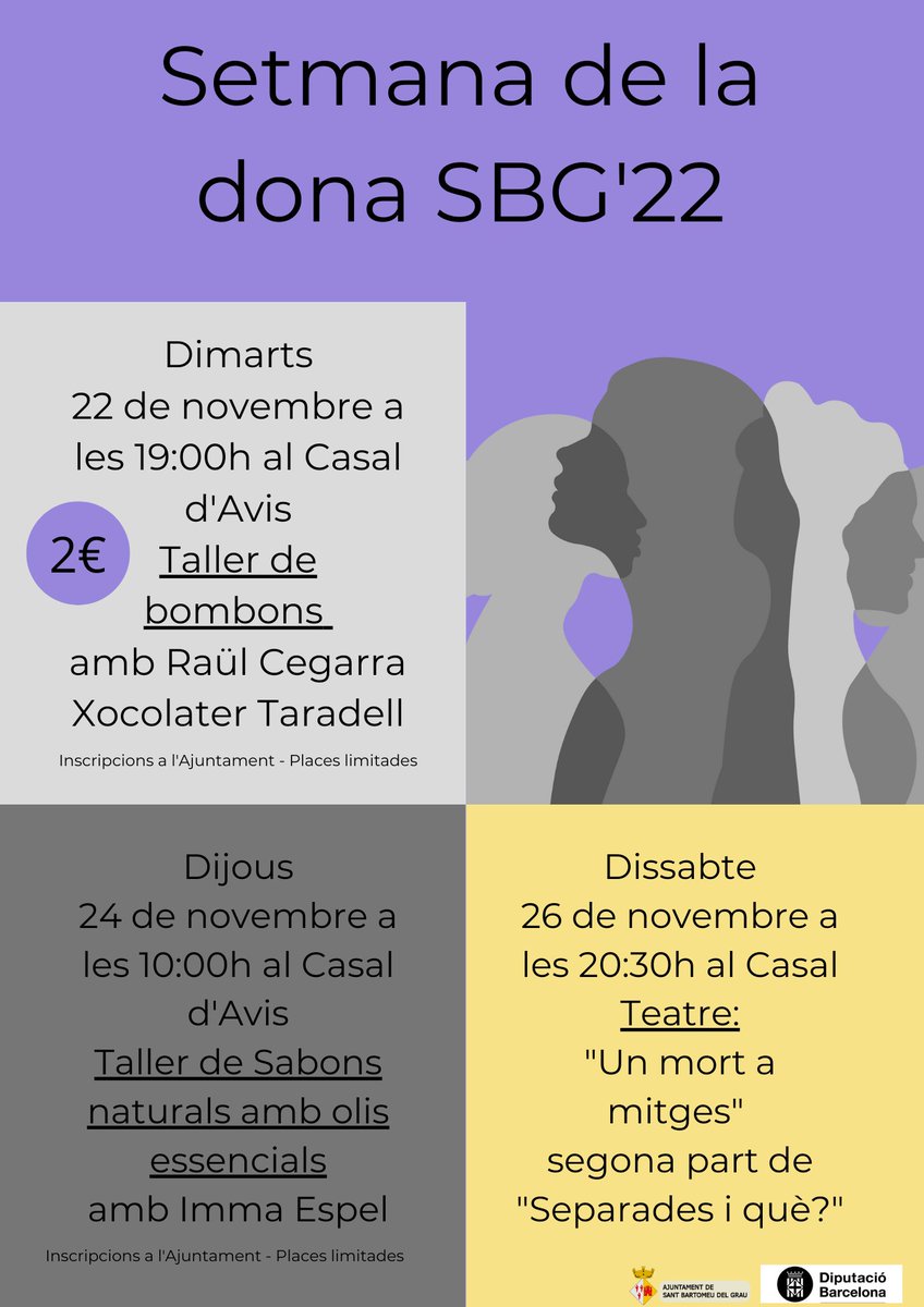 📢En el marc de la setmana de la #Dona, enguany #SBG realitzarà tres activitats: taller de bombons <a href="/Xocolattaradell/">Raul Xocolater</a>, taller de sabons <a href="/ImmaEspel/">Imma Espel</a> i una obra de teatre.