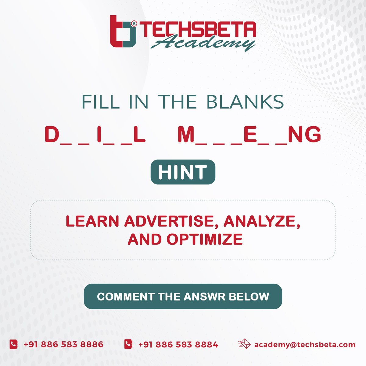 Techsbtaacademy's tweet image. If you are Instagram savvy you have to get it right.💯

Answer this in the comment section below.
#techsbetaacademy #aligarh
#DigitalMarketingInstitute #DigitalMarketingTraining  #CommentTheAnswer #ContestAlert #DigitalMarketingAligarh #DigitalMarketingCourse #marketingknowledge