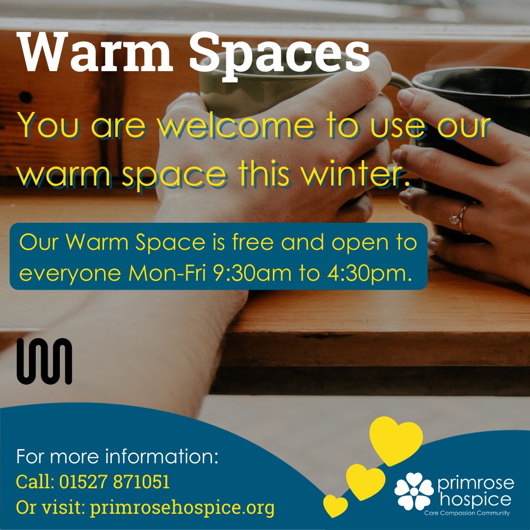 PrimroseHospice's tweet photo. We know that with the cost of living increasing, this Winter may be particularly tough for people living in North East Worcestershire. That is why we are offering part of our Hospice as part of the Warm Spaces network ☕💛Read more▶️ https://t.co/SdzWHYfMQk https://t.co/S8URaGMazf
