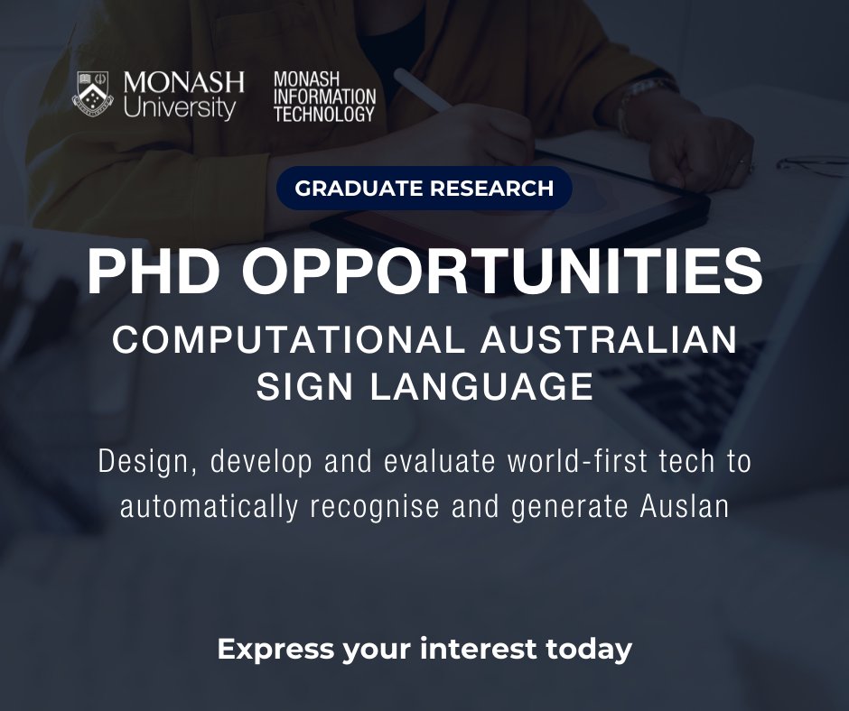 MonashInfotech's tweet image. We have two #PhD positions for projects driving world-first developments for #socialgood! 

Work with leading experts to design and deliver #technology to automatically recognise and generate #Auslan:

👉 Recognition: ow.ly/FTug50LvG9i
👉 Generation: ow.ly/eHxw50LvG9k