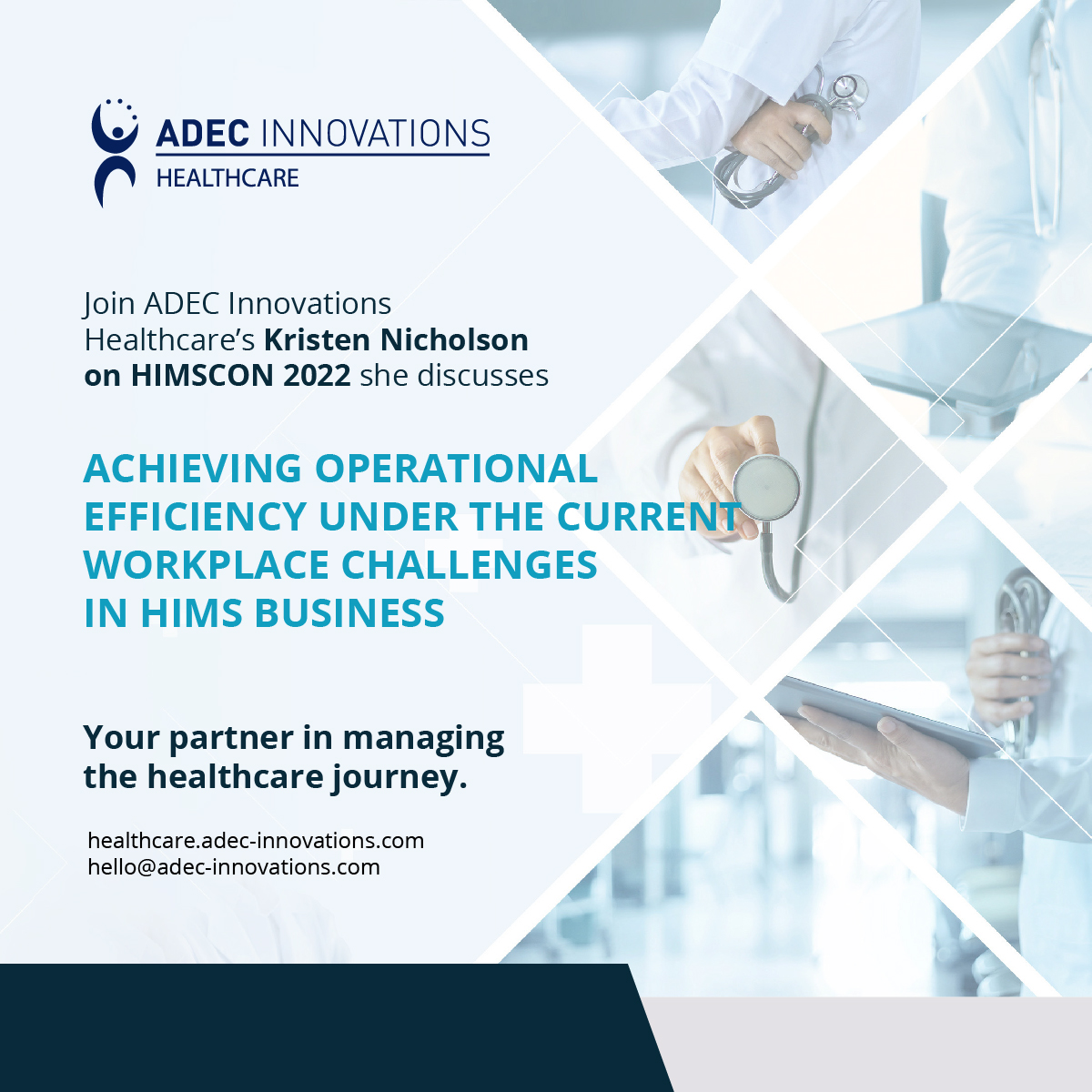 adec_healthcare's tweet photo. Watch Kristen Nicholson of ADEC Innovations Healthcare share her insights into this topic in tomorrow’s session.
HIMSCON 2022 continues tomorrow, November 10th, 2022 from 8:00 AM to 12:00 PM. Join us for another set of insightful discussions!
#ADEC #HIMAP #HIMSCON #Healthcare https://t.co/roxVPzbdrO