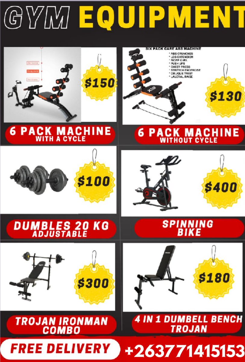 TROJAN 4 in 1 bench         $200
Six Pack Machine &amp;pedals  $150
TROJAN rowing machine.       $400
Pedal six Pack Machine.         $150
TROJAN Bike                             $400
TROJAN Dambells 20kgs        $100
TROJAN bench and 2.      $300
TROJAN Station.                $550
