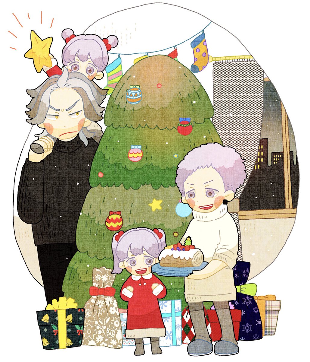 christmas tree christmas multiple boys twintails sweater 2girls multiple girls  illustration images