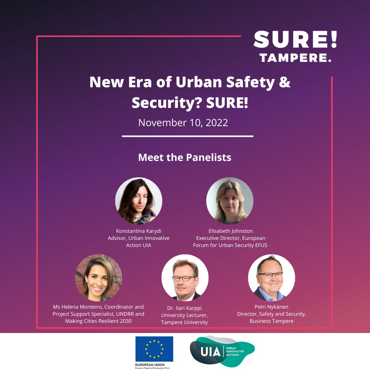 You can still register for tomorrow's #SURETampere UIA #urbansecurity event!
Join us and learn about
👉 ​Good practices to increase urban resilience
👉​ Blending technology and trust between security stakeholders and the public.
Register here: tinyurl.com/2pvr5uxj