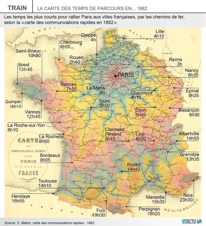 #Carte des temps de trajet des chemins de fer au XIXe siècle au départ de Paris !
Un petit Paris-Nice pour commencer ?
#MobilitéDouce 
Source : ledauphine.com/france-monde/2…