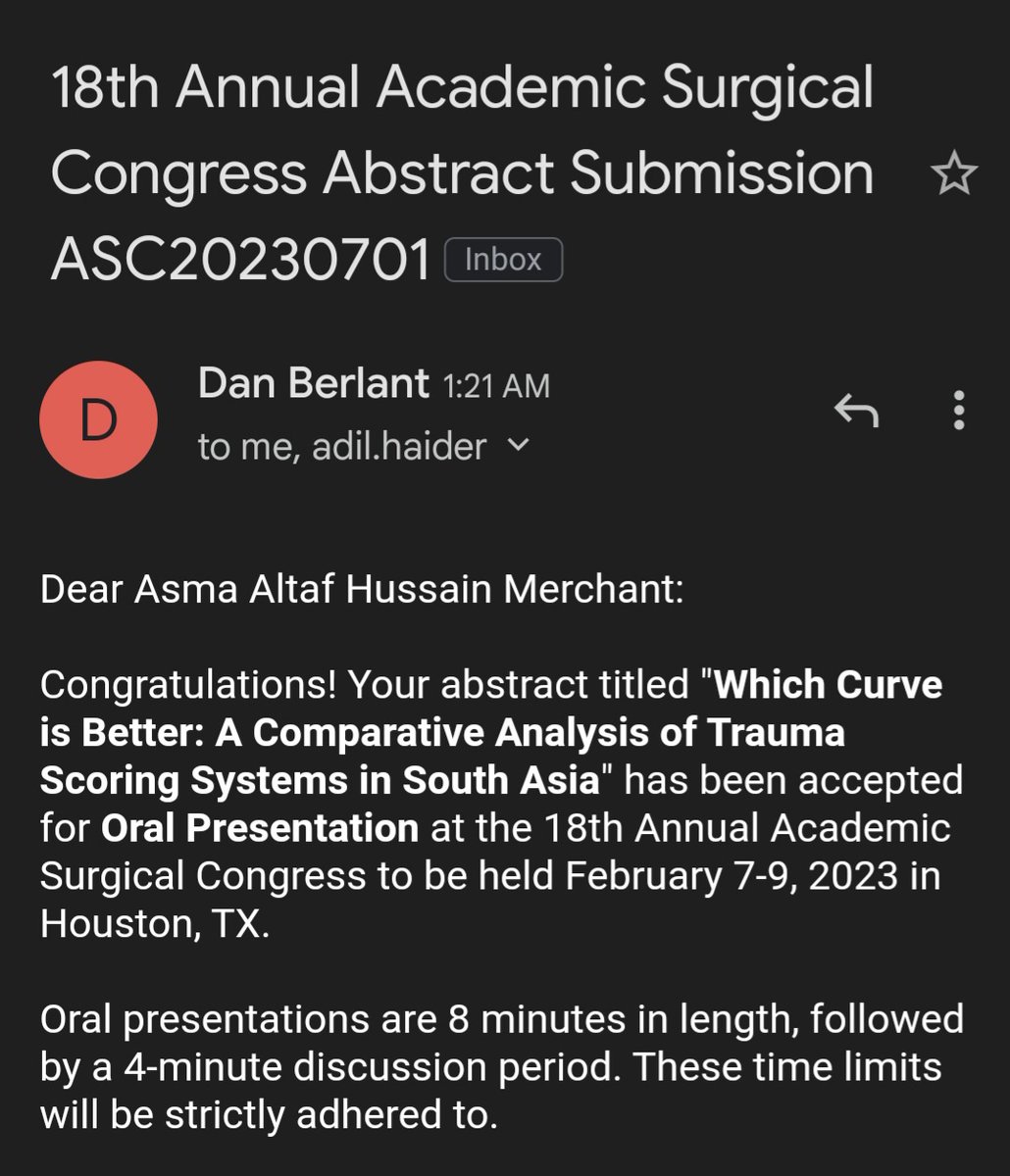 AsmaMerchant2's tweet photo. Super excited to have my abstract accepted at #ASC2023! 🎉

Looking forward to sharing our experience of trauma registry and being a part of an amazingly diverse surgical platform - thankful to my superb mentors Dr. @AdilHaiderMD and Dr. @JunaidRazzakMD for such an opportunity! https://t.co/axCDz9W8C0