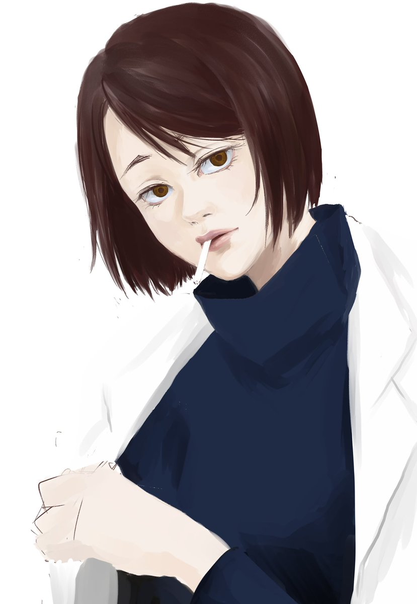 1girl solo short hair brown eyes brown hair white background looking at viewer  illustration images