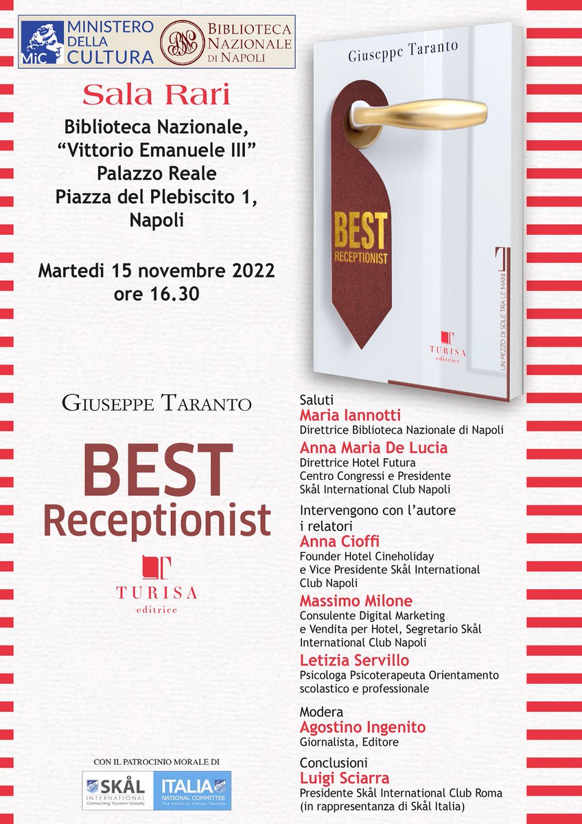 Martedi 15.11.22 ore 16.30 c/o Biblioteca Nazionale di #Napoli 

Presentazione "Best Receptionist" di Giuseppe Taranto 

Link per partecipare all'Evento Gratuito (ma con posti limitati)

eventbrite.com/e/biglietti-pr…

Link per acquistare il testo: 

amazon.it/Best-reception…