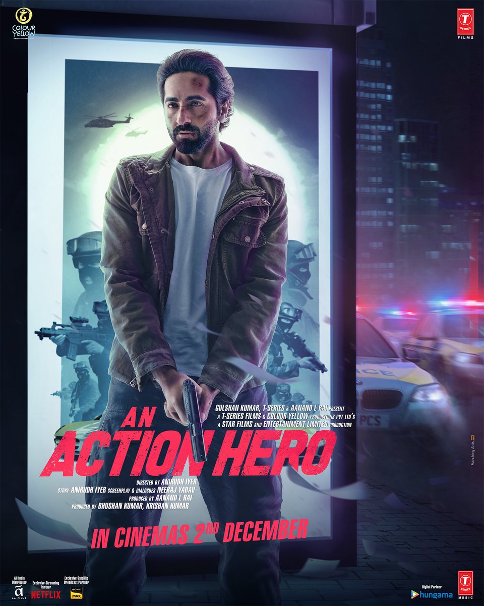 AYUSHMANN KHURRANA: 'AN ACTION HERO' FIRST LOOK... #FirstLook of #AnActionHero - starring #AyushmannKhurrana and #JaideepAhlawat - is out now... Directed by #AnirudhIyer... Produced by #AanandLRai, #BhushanKumar and #KrishanKumar… 2 Dec 2022 release.