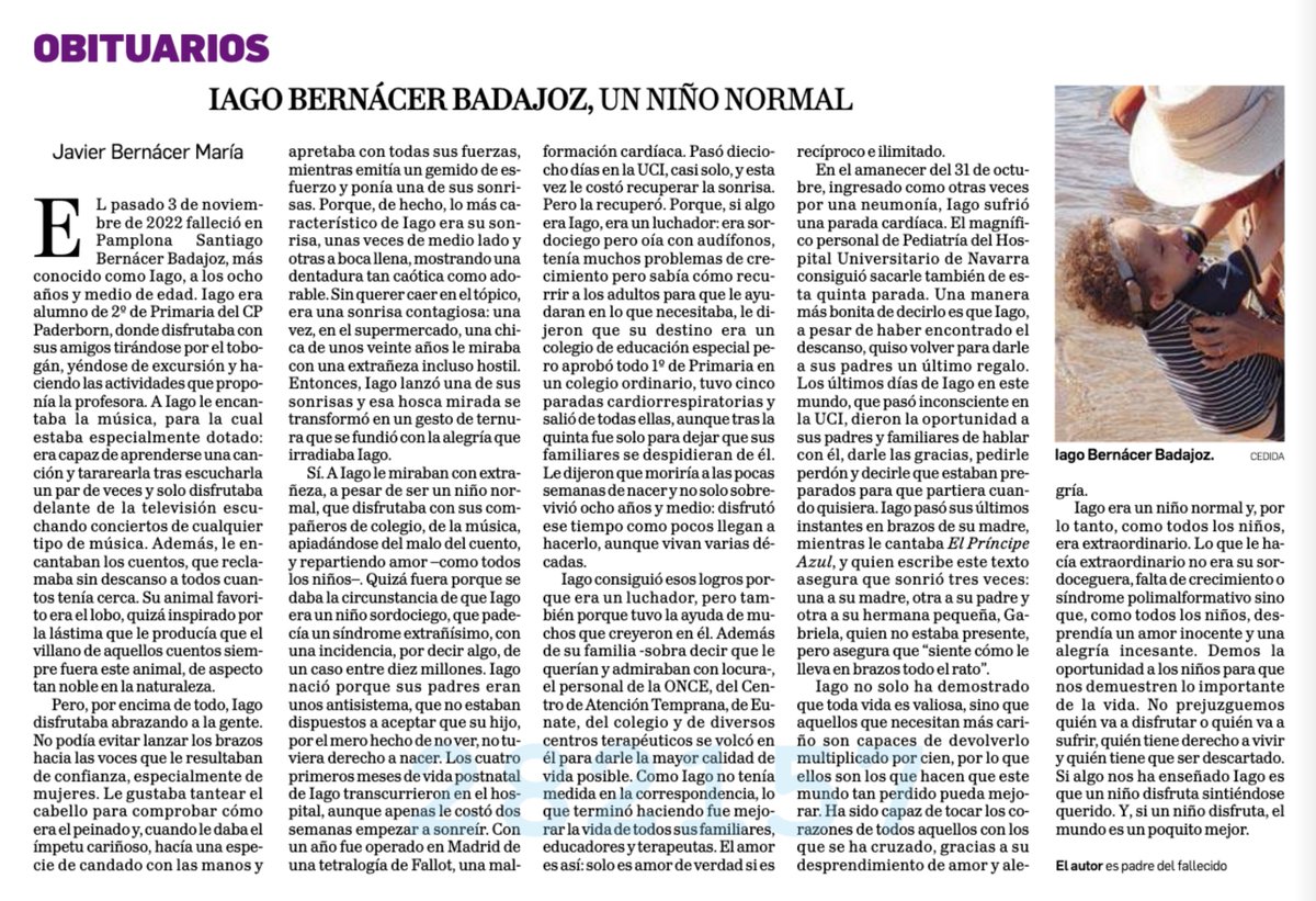 Impresiona leer este obituario de un niño de 8 años. 
Lo escribe su padre (<a href="/DiariodeNavarra/">Diario de Navarra</a>):