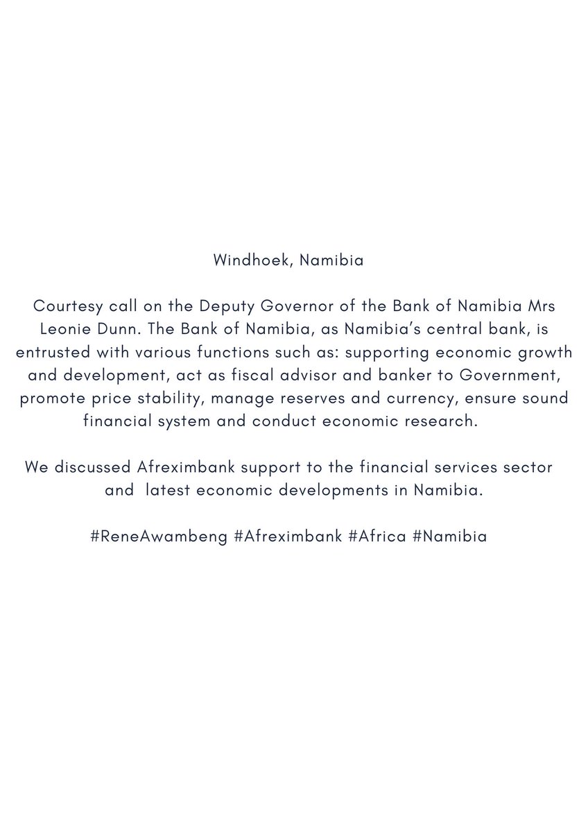 Windhoek, Namibia  

Courtesy call on the Deputy Governor of the Bank of Namibia Mrs Leonie Dunn. 

#ReneAwambeng #Afreximbank #Africa #Namibia