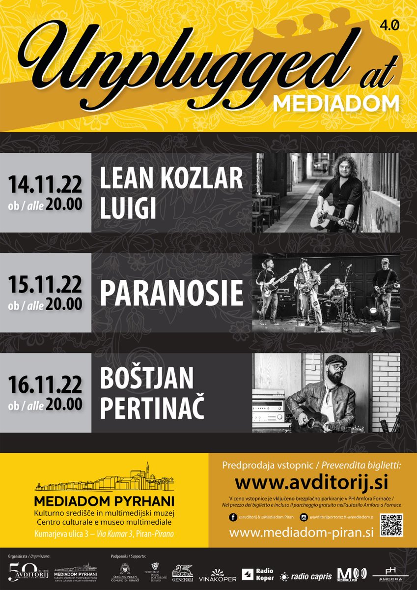 Prihodnji teden se vrača Unplugged at Mediadom! Vstopnice z gratis parkingom v Piranu na voljo na avditorij.kupikarto.si Nastopili bodo Lean Kozlar Luigi, Paranoise in Boštjan Pertinač #unpluggedatmediadom #Mediadom #Piran #koncert #leankozlarluigi #paranoise #bostjanpertinac