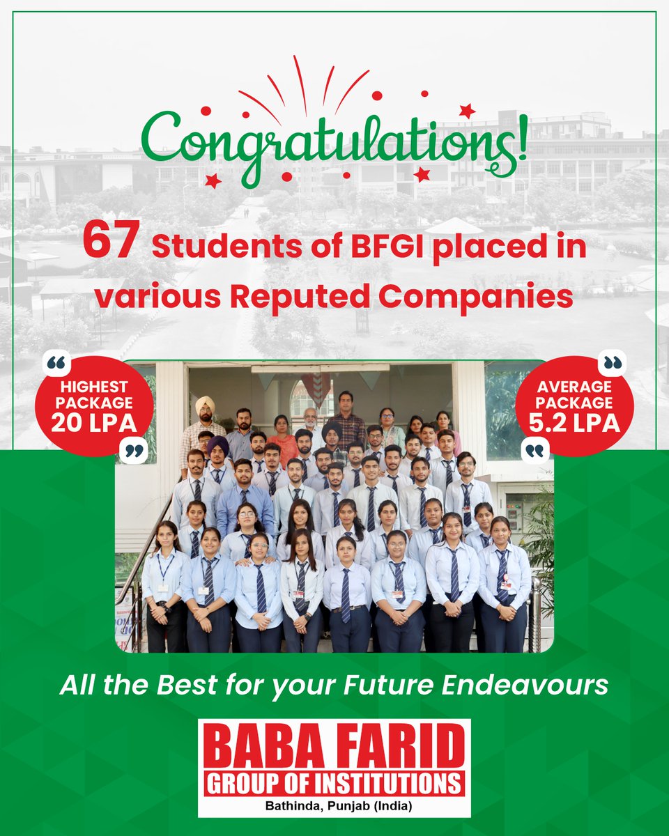 BabaFaridGroup's tweet photo. 🎉🎉A Big Congratulations to all the Placed Students and Training & Placement Department on this achievement.
✅Highest Package: 20 Lakh Per Annum(LPA)
✅Average Package Received: 5.2 Lakh Per Annum(LPA)
#BFGI #Placements #Hiring #HighestPackage #PlacementOffers https://t.co/HA0v0cY9Tf