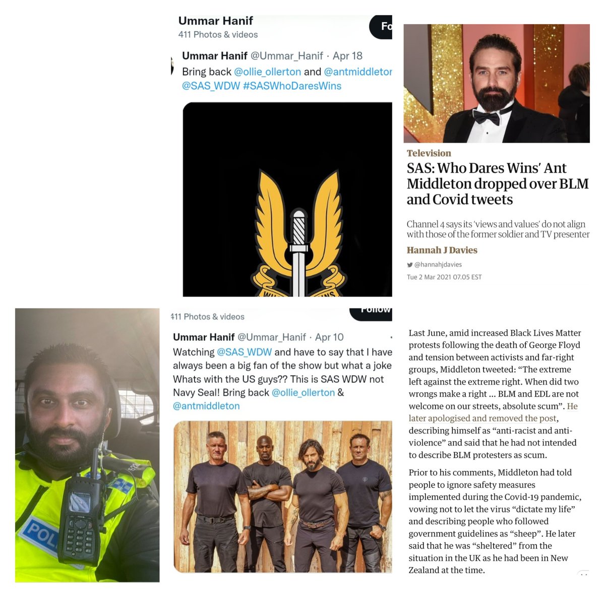 NCLCopwatch's tweet photo. We've covered SC Ummar Hanif  a few times because of his job, freemason connections and Tory posts but amongst that we missed this! Here he's calling for Ant Middleton's return. It's either uncritical thinking or racism, both things the police service either attracts or creates. https://t.co/78nvfddkVI