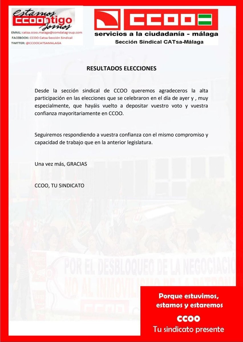 CCOOCATSAMALAGA's tweet photo. ELECCIONES SINDICALES

CCOO mantiene la mayoría en las Elecciones Sindicales.

CCOO, tu sindicato https://t.co/CcytdYBwza
