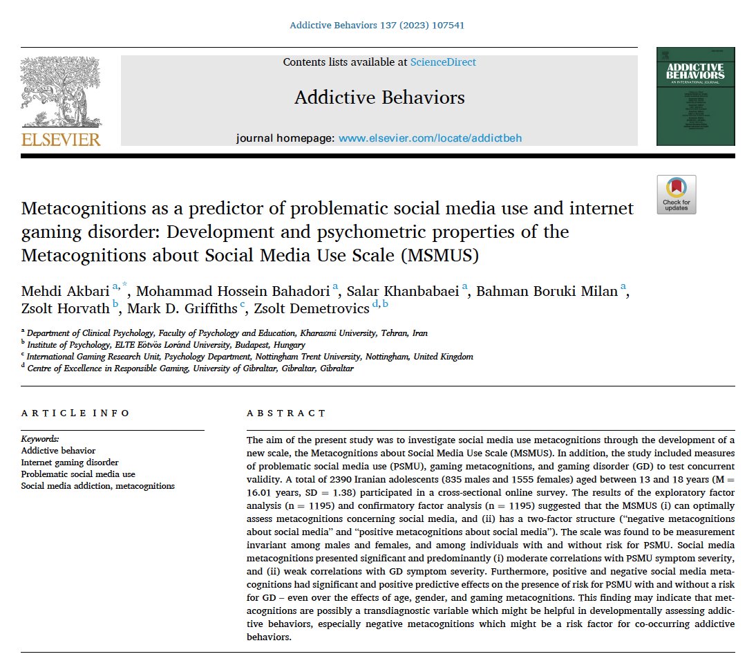 Mark Griffiths (@drmarkgriffiths) on Twitter photo Our latest psychometrics paper on the Metacognitions about Social Media Use Scale has just been published in the journal 'Addictive Behaviors': bit.ly/3EgPZJ3 <a href="/PsychologyNTU/">NTU Psychology</a> <a href="/NTUNews/">NTU Press Office</a> <a href="/BPSCyberPsych/">BPS Cyberpsychology</a> <a href="/ntu_research/">NTU Research</a> <a href="/NTUSocSciences/">NTU School of Social Sciences</a> Our latest psychometrics paper on the Metacognitions about Social Media Use Scale has just been published in the journal 'Addictive Behaviors': bit.ly/3EgPZJ3 <a href="/PsychologyNTU/">NTU Psychology</a> <a href="/NTUNews/">NTU Press Office</a> <a href="/BPSCyberPsych/">BPS Cyberpsychology</a> <a href="/ntu_research/">NTU Research</a> <a href="/NTUSocSciences/">NTU School of Social Sciences</a>
