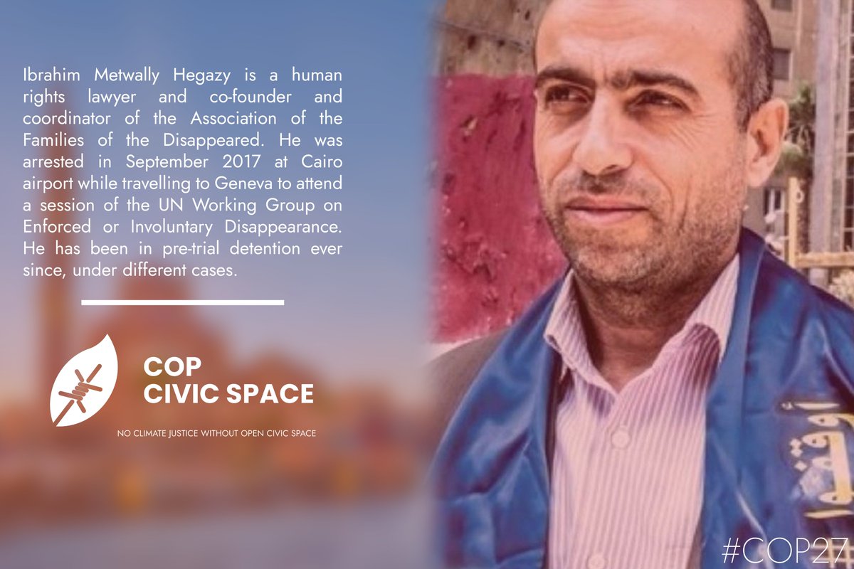 منذ إعتقاله قبل 5 سنوات، تواصل السلطات إعتقال المحامي والمدافع عن حقوق الإنسان إبراهيم متولي حجازي تعسفيًا دون إحالته للمحاكمة بسبب نشاطه في المطالبة بالكشف عن المختفين قسرًا في 
مصر#
 #COP27 <a href="/copcivicspace/">COP Civic Space</a>
#أفرجوا_عن_إبراهيم_متولي_حجازي
#FreeThemAll
euromedrights.org/human-right-de…