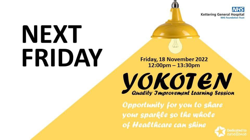 ClaireK (@claireknibb) on Twitter photo Open invitation to join <a href="/UHNNHSGroup/">University Hospitals of Northamptonshire</a>’s final Yokoten: Learning through sharing session.
Welcoming a variety of projects from all across our hospital Group.
Can’t stay for the whole session, not a problem, presentations are short and snappy, join for what you can 💡
#QSIR #QI Open invitation to join <a href="/UHNNHSGroup/">University Hospitals of Northamptonshire</a>’s final Yokoten: Learning through sharing session.
Welcoming a variety of projects from all across our hospital Group.
Can’t stay for the whole session, not a problem, presentations are short and snappy, join for what you can 💡
#QSIR #QI