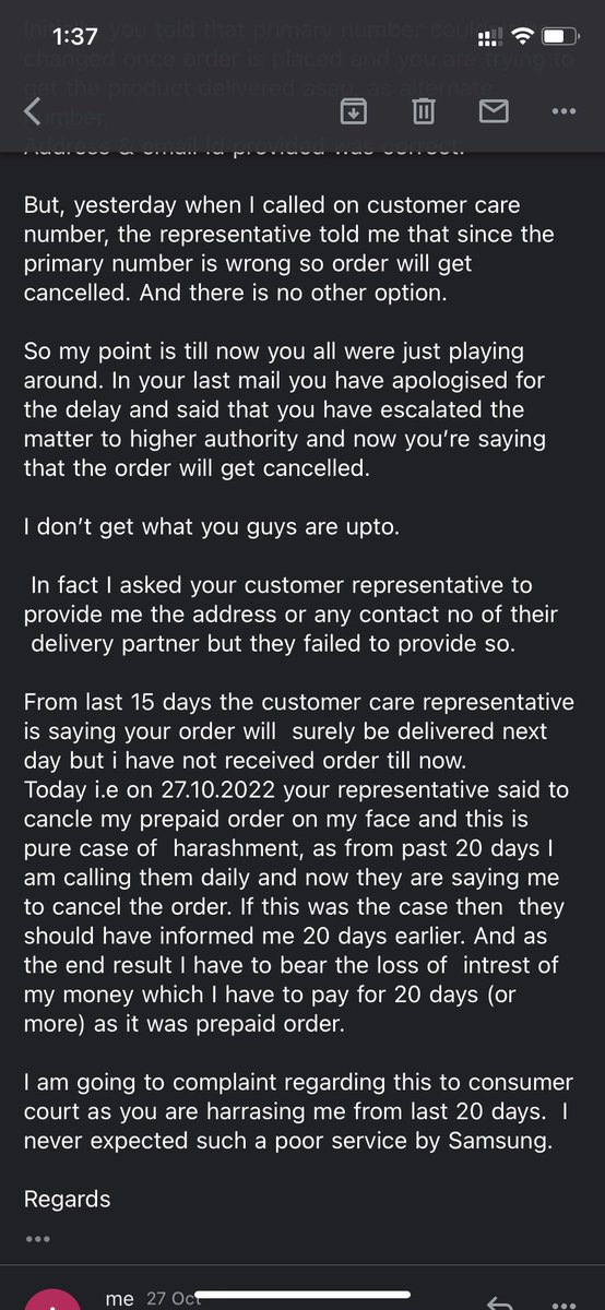 ARungta11's tweet photo. This is how I got scammed by Samsung @SamsungIndia 
I placed an order for a refrigerator on 6th of October ‘22 At Samsung’s official website. 
My order number #33067077892.
I was promised door delivery by DELHIVERY @delhivery but it’s not delivered yet. https://t.co/NsqlhFlpXz