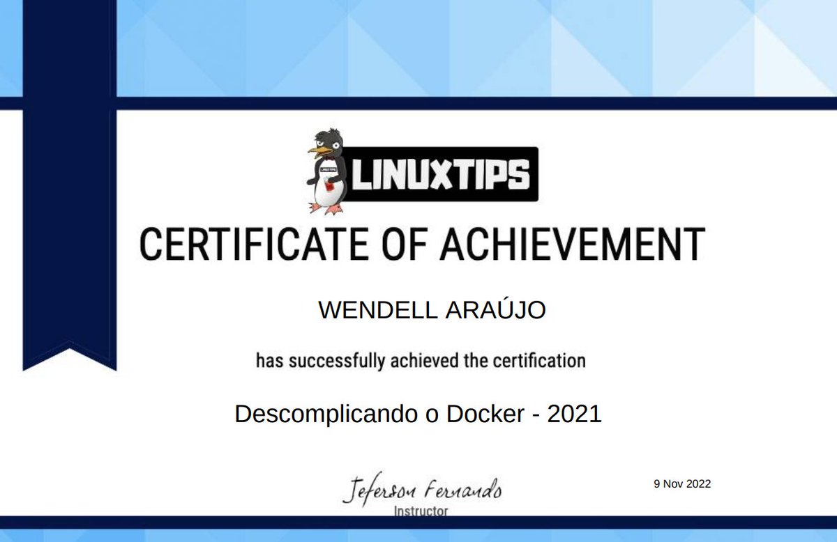wendellja's tweet photo. Eita que certificado bunitu! HAHAHA Curso excelente, ótima didática e muitos exercícios interessantes! Obg mais uma vez @badtux_ ! Já já vamos para o próximo! https://t.co/VGFHKAe8kf
