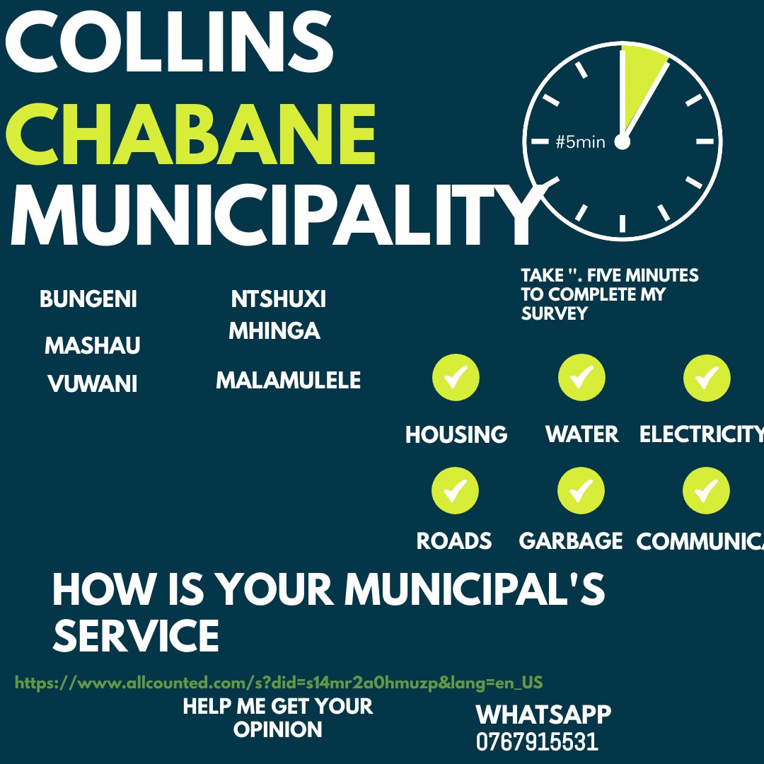 HlulanirThwiii's tweet photo. Good morning Collins Chabane Local Municipality residents. Bungeni/Ntshuxi/ Malamulele/Majosi/Vuwani. Please take part in my survey about the service you are receiving from the Municipality. Thank you in advance https://t.co/Fyo3kLVT0I…
#WednesdayMotivation #Malamulele https://t.co/pJ5DGqVKZN